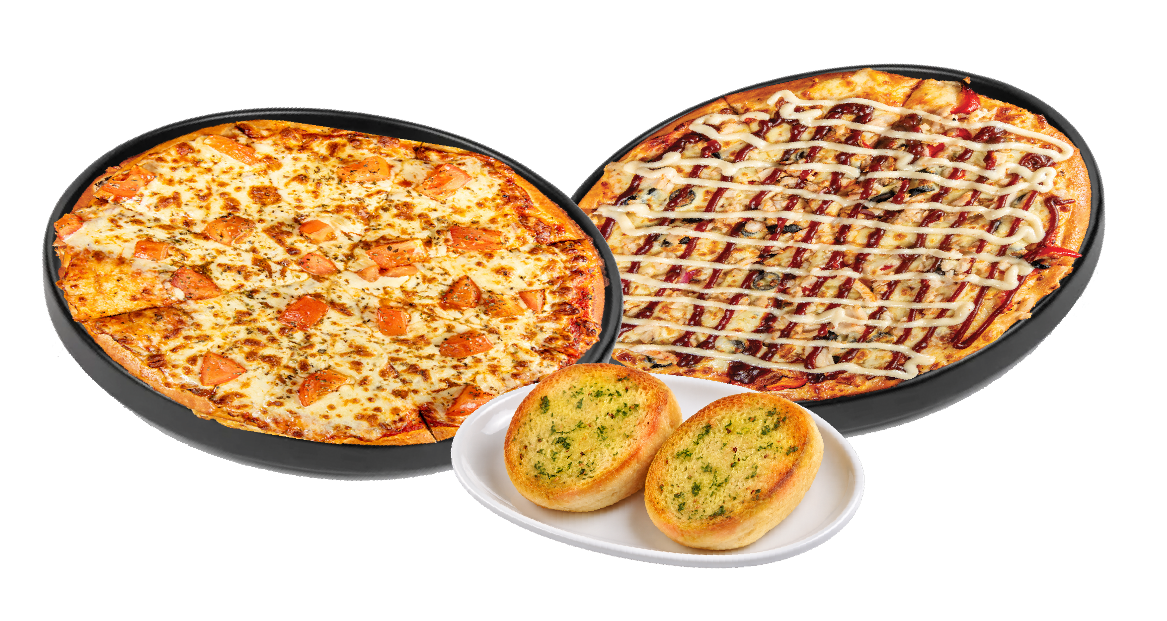 Two large pizzas and garlic bread